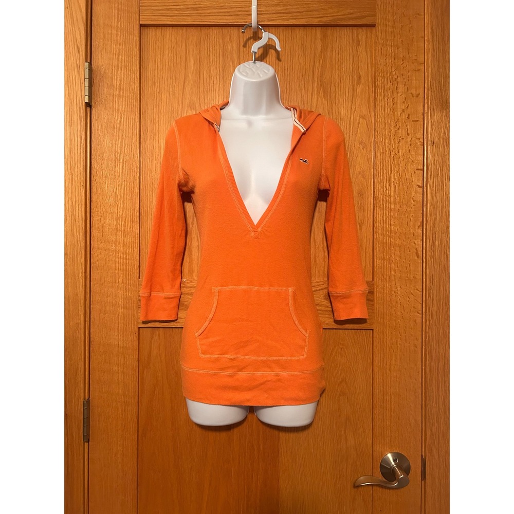 Vintage Y2K Hollister Orange V-Neck Hoodie 3/4 Sleeve Kangaroo Pocket Sz Large